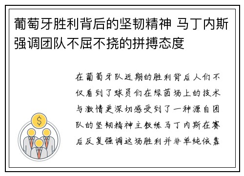 葡萄牙胜利背后的坚韧精神 马丁内斯强调团队不屈不挠的拼搏态度 葡萄牙胜利背后的坚韧精神 马丁内斯强调团队不屈不挠的拼搏态度